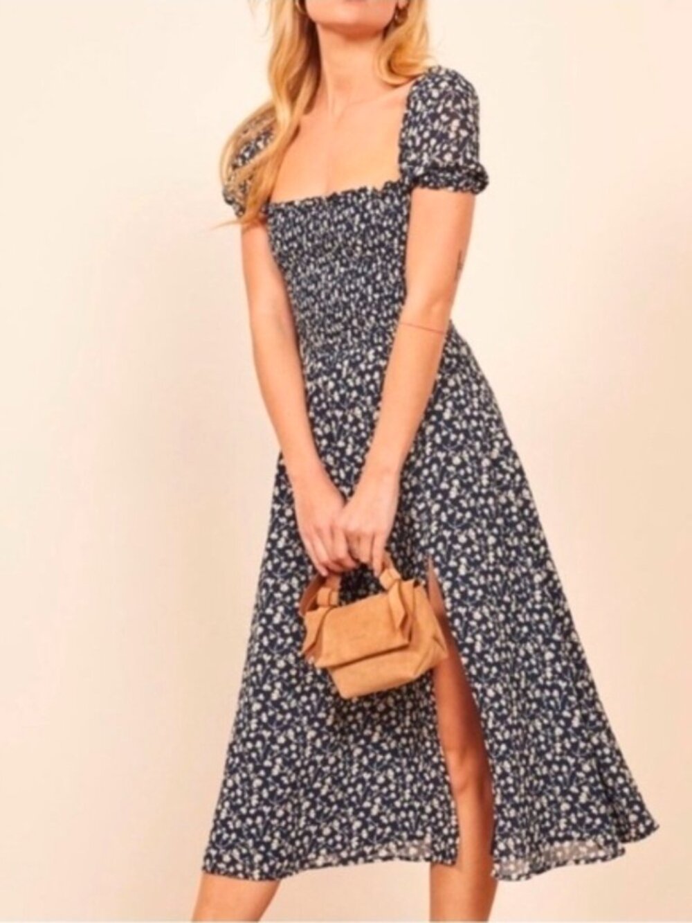 Reformation Inka Midi Dress in Elyse Navy & White Floral Print Size Large